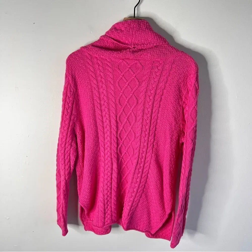 Burgess Cotton Cashmere blend Bright Pink Cable Knit TurtleNeck Sweater Medium